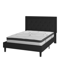 Roxbury Queen Size Tufted Upholstered Platform Bed in Black Fabric with 10 Inch CertiPUR-US Certified Pocket Spring Mattress