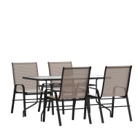 5 Piece Outdoor Patio Dining Set 55 Tempered Glass Patio Table with Umbrella Hole 4 Brown Flex Comfort Stack Chairs