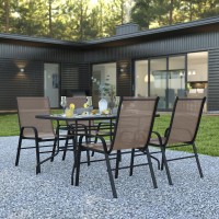 5 Piece Outdoor Patio Dining Set 55 Tempered Glass Patio Table with Umbrella Hole 4 Brown Flex Comfort Stack Chairs