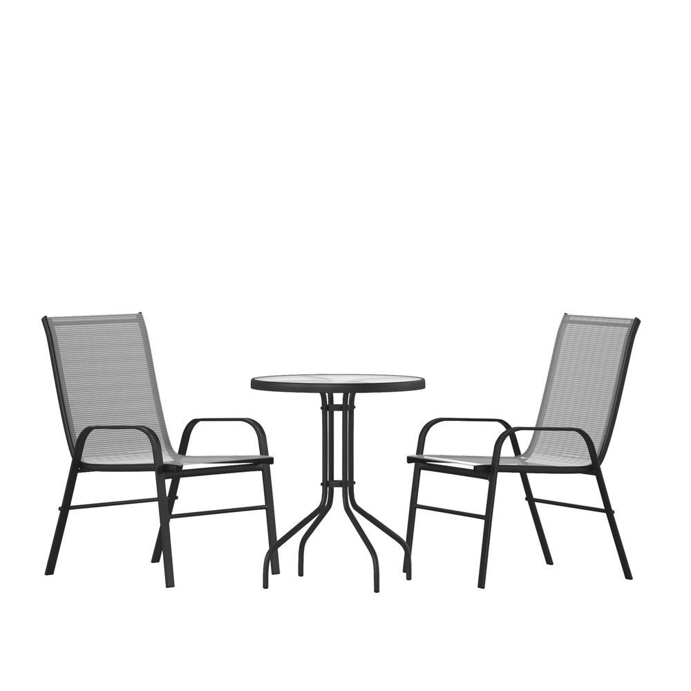 3 Piece Outdoor Patio Dining Set 2375 Round Tempered Glass Patio Table 2 Gray Flex Comfort Stack Chairs