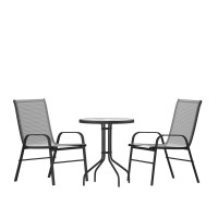 3 Piece Outdoor Patio Dining Set 2375 Round Tempered Glass Patio Table 2 Gray Flex Comfort Stack Chairs