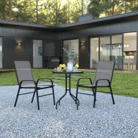 3 Piece Outdoor Patio Dining Set 2375 Round Tempered Glass Patio Table 2 Gray Flex Comfort Stack Chairs