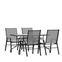 5 Piece Outdoor Patio Dining Set 55 Tempered Glass Patio Table with Umbrella Hole 4 Gray Flex Comfort Stack Chairs