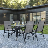 5 Piece Outdoor Patio Dining Set 55 Tempered Glass Patio Table with Umbrella Hole 4 Gray Flex Comfort Stack Chairs