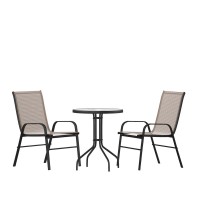 3 Piece Outdoor Patio Dining Set 2375 Round Tempered Glass Patio Table 2 Brown Flex Comfort Stack Chairs