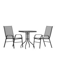 3 Piece Outdoor Patio Dining Set 235 Square Tempered Glass Patio Table 2 Gray Flex Comfort Stack Chairs