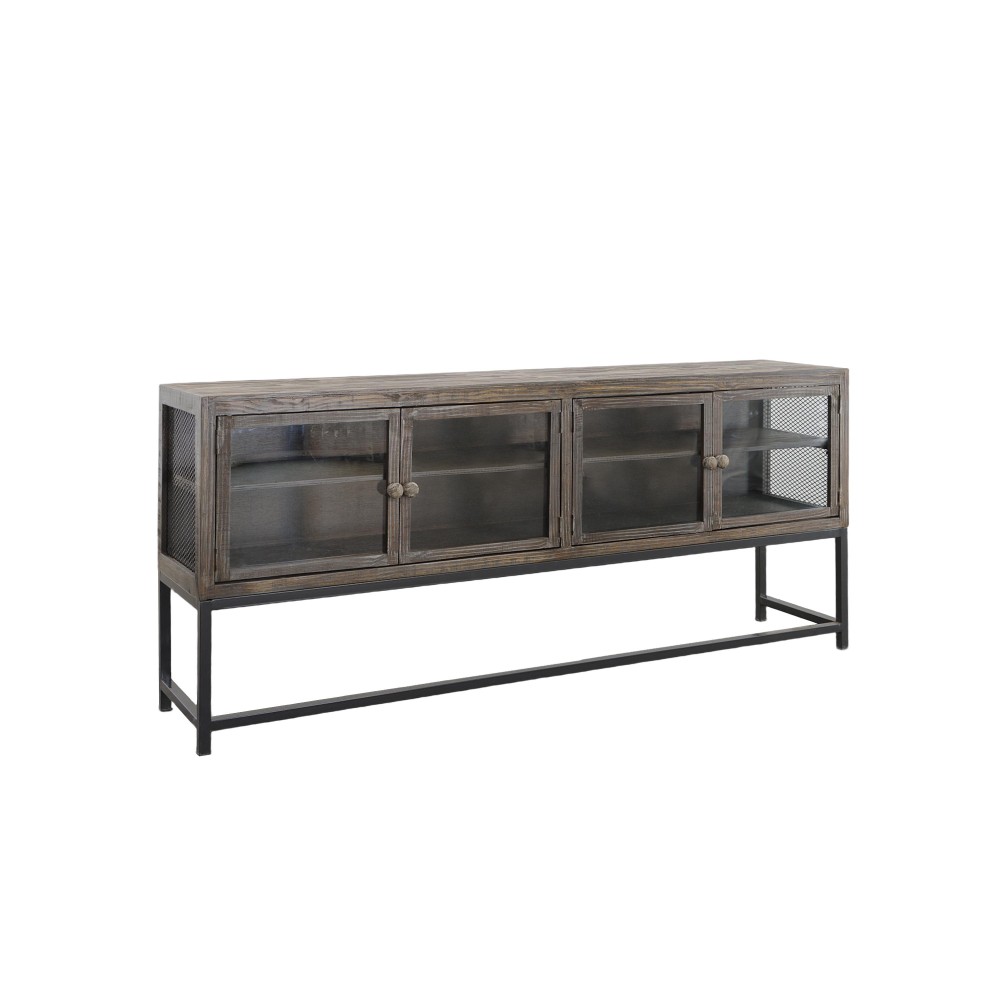 71 Inch Rustic Media console TV Stand 4 glass Panel Doors Solid Wood Metal Frame Brown and Black(D0102H71FW2)