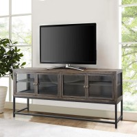 71 Inch Rustic Media console TV Stand 4 glass Panel Doors Solid Wood Metal Frame Brown and Black(D0102H71FW2)