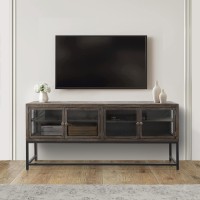 71 Inch Rustic Media console TV Stand 4 glass Panel Doors Solid Wood Metal Frame Brown and Black(D0102H71FW2)