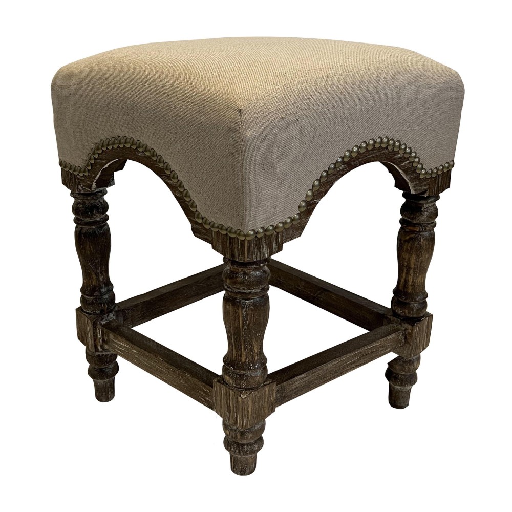 24 Inch Wooden Stool with Fabric Upholstery, Beige and Brown(D0102H7UQD6)