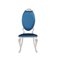 47 Inch Metal Dining Chair with Velvet Seat and Medallion Carving, Blue