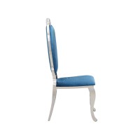 47 Inch Metal Dining Chair with Velvet Seat and Medallion Carving, Blue