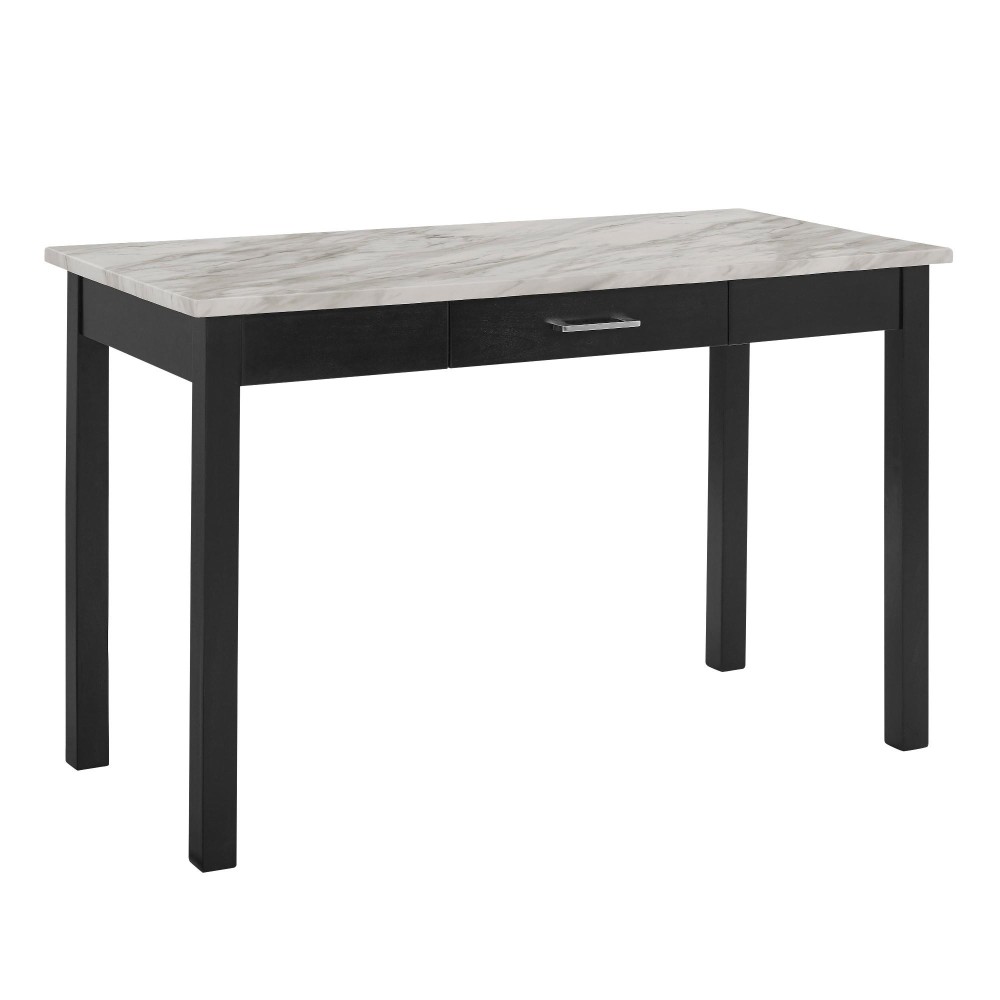 Jay 48 Inch Desk With Drawer and Faux Marble Top, Black