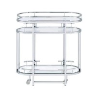 16 Inch Curved 2 Tier Serving Bar Cart with Tempered Glass Shelves, Silver