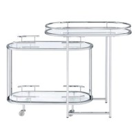 16 Inch Curved 2 Tier Serving Bar Cart with Tempered Glass Shelves, Silver