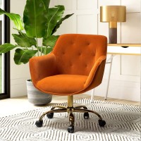 Hulala Home Velvet Office Chair With Gold Base, Modern Cute Mid-Back Desk Chair, Adjustable Swivel Task Chair For Living Room, Bedroom, Study, Vanity, Orange