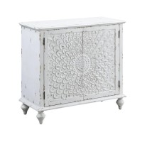 36 Inch Wood Console Buffet Cabinet, Carved Floral Pattern, Antique White