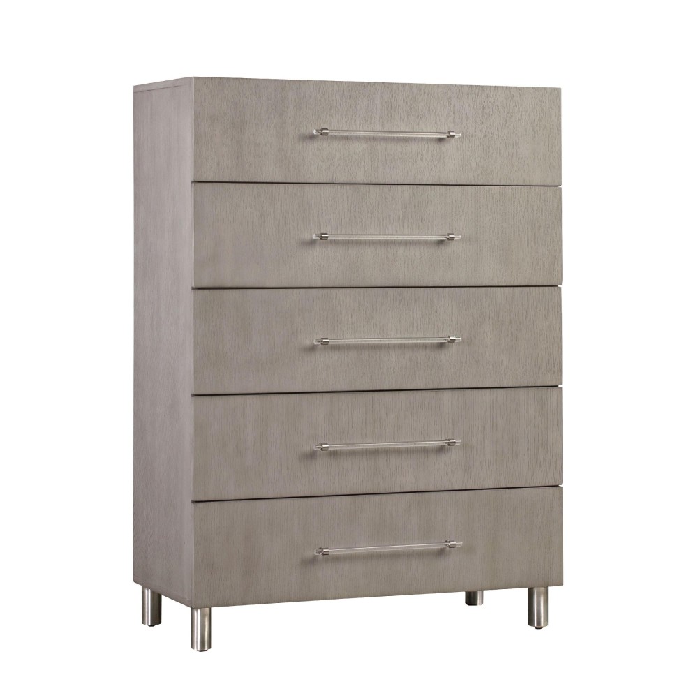 54 Inch Ann Wood 5 Drawer Tall Chest Dresser with Clear Handles, Gray