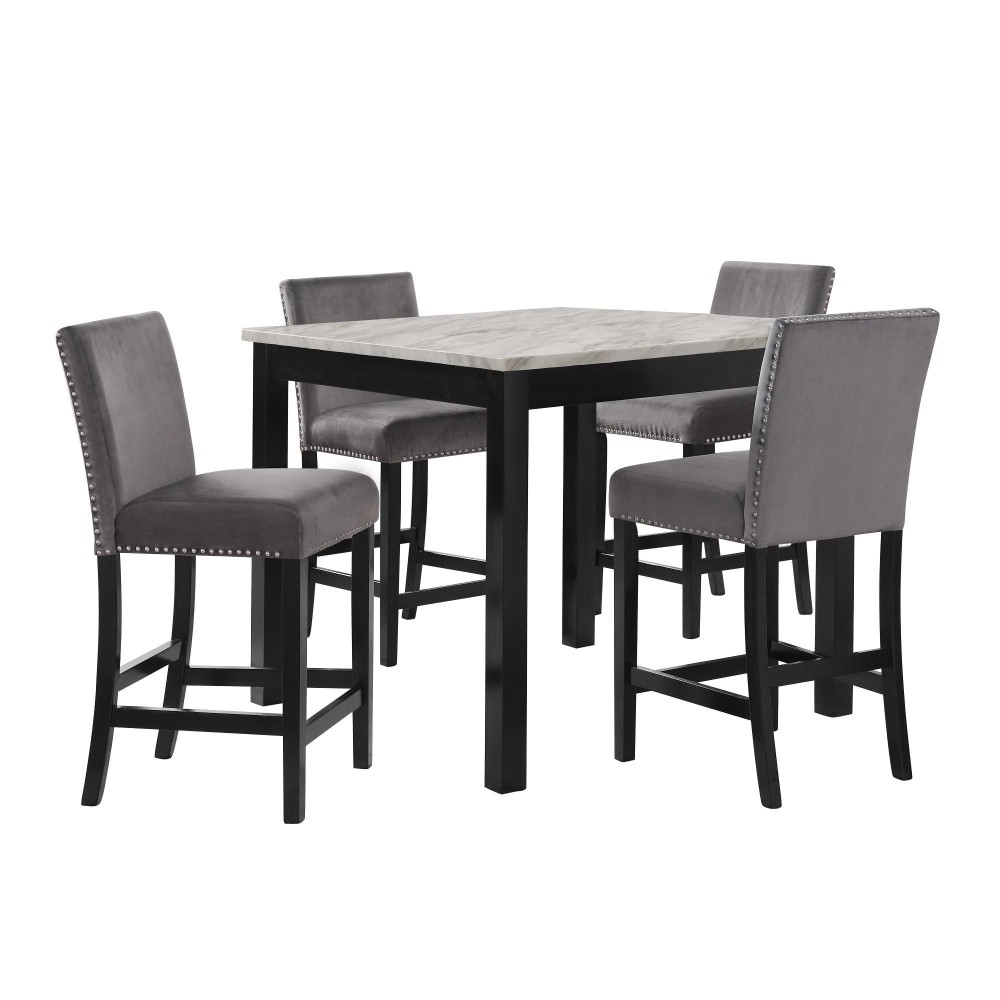 Kate 42 Inch 5 Piece Counter Table Set with Velvet Seating, Gray