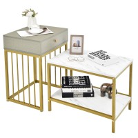 Tangkula Nesting Coffee Table Set of 2, Rectangular Modern Stacking Accent Cocktail Tables for Living Room, 2 in 1 Space-Saving End Table with Drawer, Sofa Side Tables, Faux Marble Top