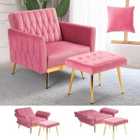 Acmease Velvet Accent Chair With Adjustable Armrests And Backrest, Button Tufted Lounge Chair, Single Recliner Armchair With Ottoman And Pillow For Living Room, Bedroom, Pink