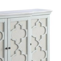 60 Inch 4 Door Wood Buffet Cabinet Console Table, Quatrefoil, Antique Blue