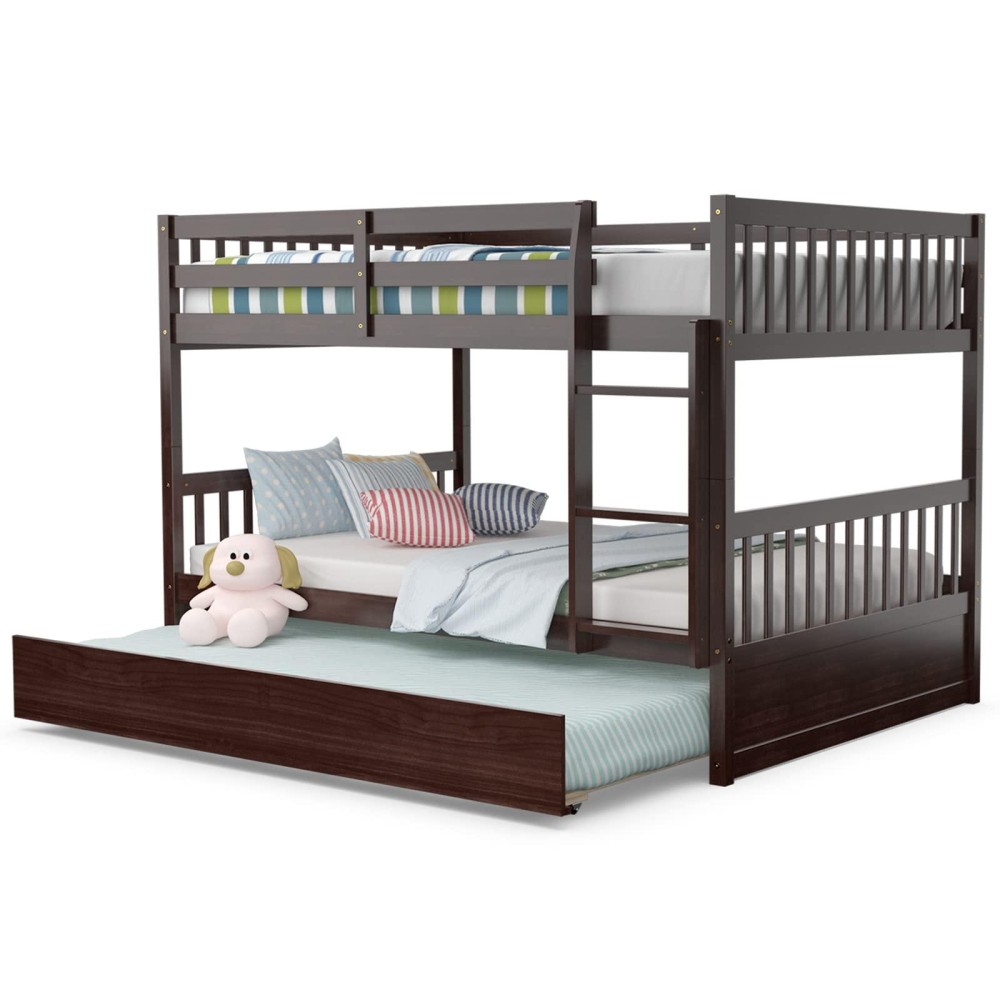 Kotek Bunk Bed With Trundle, Solid Wood Full Over Full Bunk Bed With Safety Guardrails And Ladder, No Box Spring Needed, Detachable Bunk Bed With Storage For Kids, Teens (Brown)