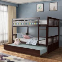 Kotek Bunk Bed With Trundle, Solid Wood Full Over Full Bunk Bed With Safety Guardrails And Ladder, No Box Spring Needed, Detachable Bunk Bed With Storage For Kids, Teens (Brown)