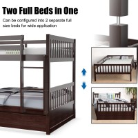 Kotek Bunk Bed With Trundle, Solid Wood Full Over Full Bunk Bed With Safety Guardrails And Ladder, No Box Spring Needed, Detachable Bunk Bed With Storage For Kids, Teens (Brown)