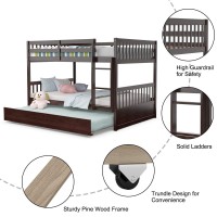 Kotek Bunk Bed With Trundle, Solid Wood Full Over Full Bunk Bed With Safety Guardrails And Ladder, No Box Spring Needed, Detachable Bunk Bed With Storage For Kids, Teens (Brown)