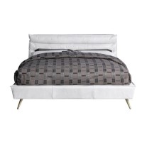 Queen Bed with Leather Upholstery and Tapered Metal Legs, White