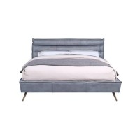 Queen Bed with Leather Upholstery and Tapered Metal Legs, Gray