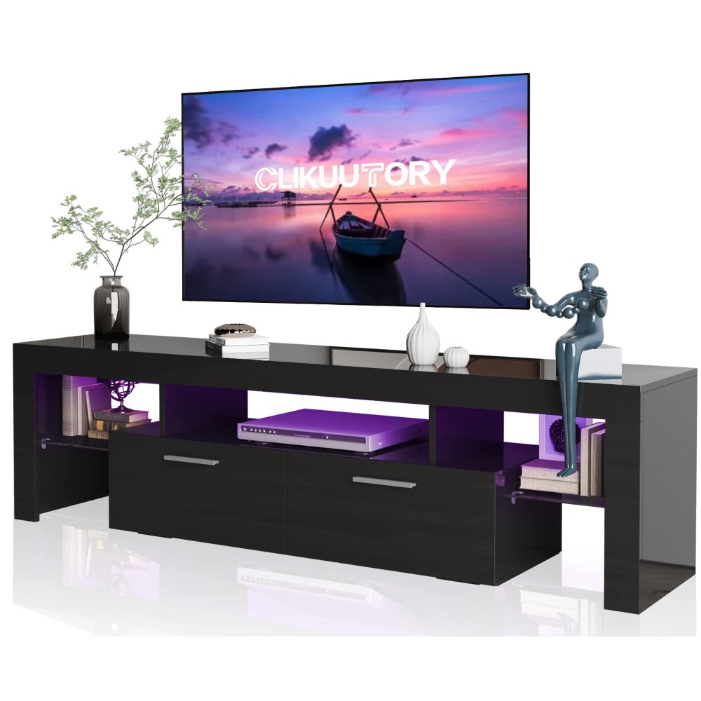 Clikuutory Modern Led 63 Inch Tv Stand With Large Storage Drawer For 40 50 55 60 65 70 75 Inch Tvs, Black Wood Tv Console With High Glossy Entertainment Center For Gaming, Living Room, Bedroom