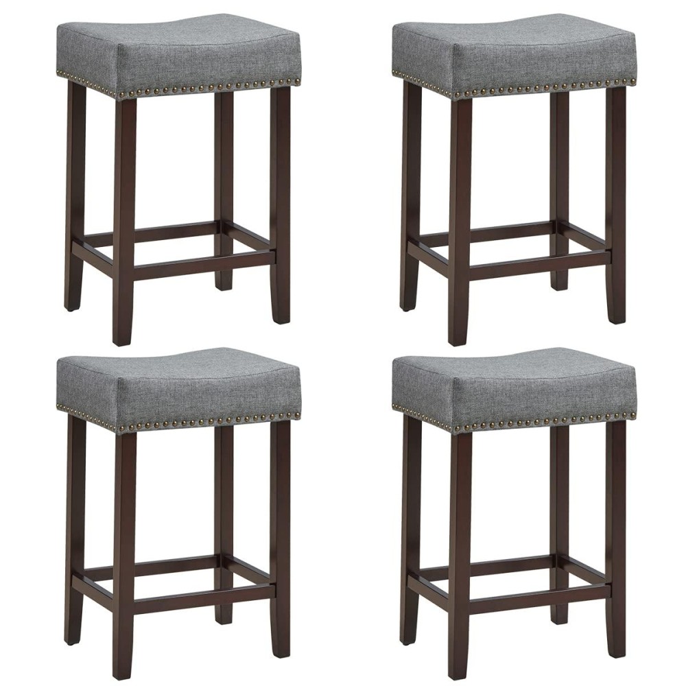 Ergomaster Counter Height Bar Stools Set Of 4 Backless Fabric Barstools 24-Inch Modern Wood Saddle Bar Stools With Nailhead Trim For Kitchen Island Counter Table - Grey/Brown,4-Pack