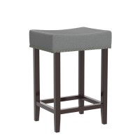 Ergomaster Counter Height Bar Stools Set Of 4 Backless Fabric Barstools 24-Inch Modern Wood Saddle Bar Stools With Nailhead Trim For Kitchen Island Counter Table - Grey/Brown,4-Pack