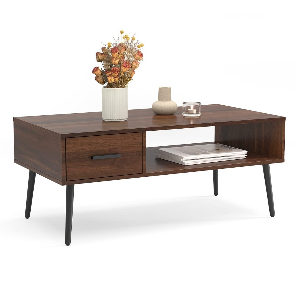 Haioou Coffee Table, Mid Century Modern Style Cocktail Table Tv Stand With Drawer, Open Storage Shelf, Stable Floor-Anti-Scratching Pine Leg For Home, Office, Living Room - Walnut