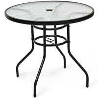 Kotek 32'' Patio Table With Umbrella Hole, Outdoor Bistro Table W/Tempered Glass Top & Sturdy Metal Frame, Round Patio Dining Table Coffee Table For Garden, Balcony, Poolside