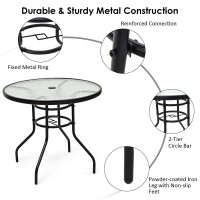 Kotek 32'' Patio Table With Umbrella Hole, Outdoor Bistro Table W/Tempered Glass Top & Sturdy Metal Frame, Round Patio Dining Table Coffee Table For Garden, Balcony, Poolside