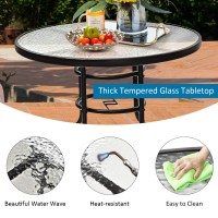 Kotek 32'' Patio Table With Umbrella Hole, Outdoor Bistro Table W/Tempered Glass Top & Sturdy Metal Frame, Round Patio Dining Table Coffee Table For Garden, Balcony, Poolside