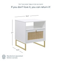 Nathan James Mina Side, End Or Accent Table With Natural Rattan Storage Door For Living Room Or Nightstand For Bedroom, White/Gold