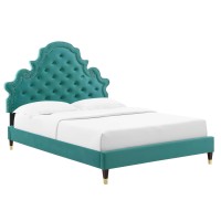 Modway Gwyneth Tufted Performance Velvet Twin Platform Bed In Teal With Wood And Gold Legs