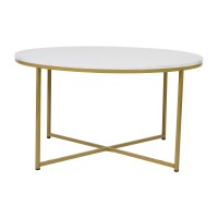 Flash Furniture Hampstead Collection Coffee Table - Modern White Marble Finish Coffee Table - Crisscross Brushed Gold Frame