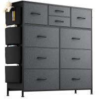 Lulive Dresser, Chest Of 10 Drawers For Bedroom With Side Pockets And Hooks, Fabric Storage Dresser, Sturdy Steel Frame, Wood Top, Organizer Unit For Nursery, Hallway, Closet (Dark Grey)