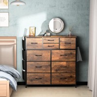 Lulive 10 Drawer Dresser, Chest Of Drawers For Bedroom With Side Pockets And Hooks, Fabric Storage Dresser, Sturdy Steel Frame, Wood Top, Organizer Unit For Nursery, Hallway, Closet (Rustic Brown)
