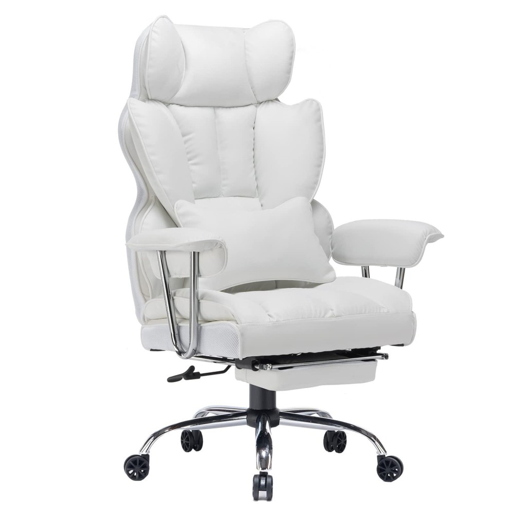 Efomao Office Chair Big High Back Chair Pu Leather Computer Chair Managerial Executive Swivel Chair With Lumbar Support (White)