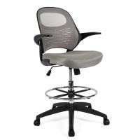 Hylone Drafting Chair, Tall Office Chair For Standing Desk, Grey Mesh Drafting Desk Chair With Flip-Up Arms, Adjustable Height And Foot Ring