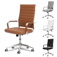 Okeysen Office Desk Chair, Ergonomic Leather Modern Conference Room Chairs, Executive Ribbed Height Adjustable Swivel Rolling Chair For Home Office. (Brown)