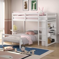 Giantex Twin Over Twin Bunk Bed, Wood L-Shaped Bunk Beds With Storage Bookshelf, Bunk Bed Frame With Guardrails And Ladder For Kids Boys Girls Teens Adults, Can Be Convertible Into 2 Beds, White