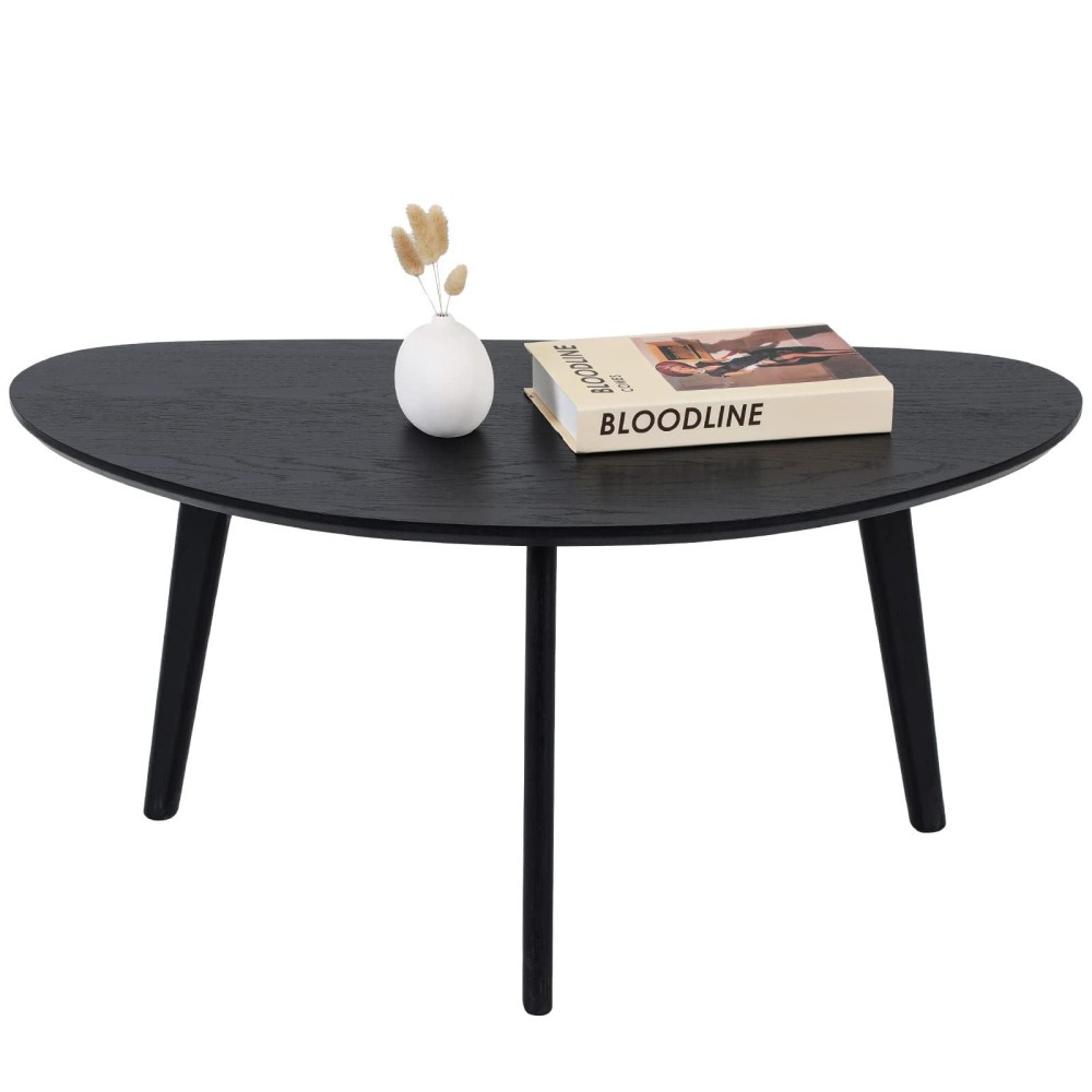 Firminana Small Black Oval Coffee Table For Small Space , Simple Modern Center Table With Oak Wood Legs-Black-18.9