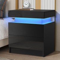 Hommpa Led Nightstand Modern Black Nightstand With Led Lights Wood Matte Led Bedside Table Night Stand With 2 High Gloss Drawers For Bedroom 20.5